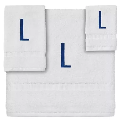 3 Piece Letter L Monogrammed Bath Towels Set White Cotton With Blue Letter • $30.99