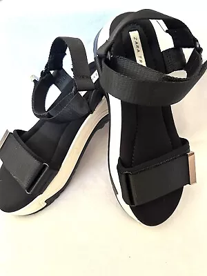 Zara Trafaluc US 6.5 Chunky Platform Sandals Black White Adjustable Strap EU 37 • $40