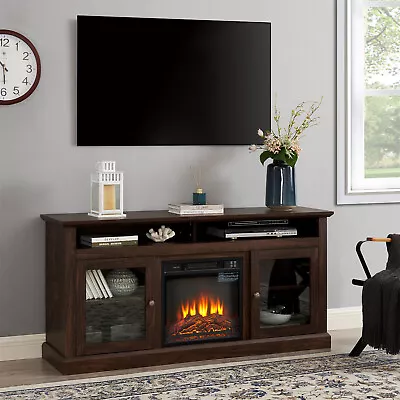 Farmhouse TV Stand TV Media Console With 18'' Fireplace For TVs Up To 65'' Brown • $330.99