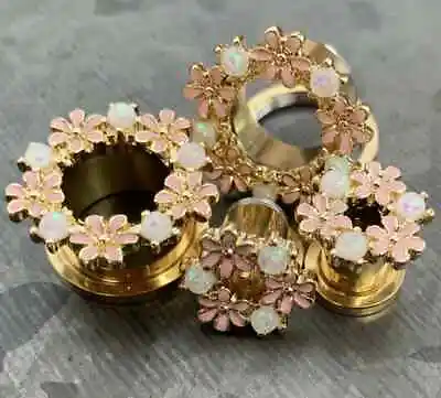 PAIR Opal Glitter & Enamel Flowers Gold Screw Fit Tunnels Plugs Earlets Gauges • $15.95