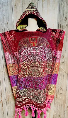 Poncho Gavan Jorongo Calendario Azteca Aztec Calendar Mexican Poncho With Hoodie • $48