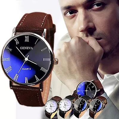 Fashion Sport Men's Stainless Steel Case Leather Band Quartz Analog Wrist Watch • $2.18