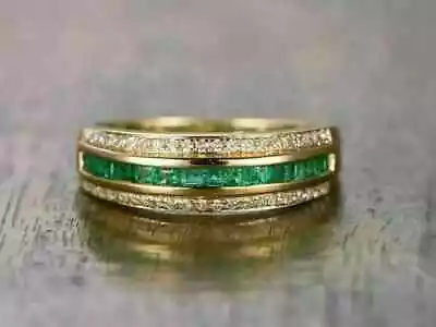 2Ct Princess Lab Created Green Emerald Wedding Band Ring 14K Yellow Gold Plated • $131.19