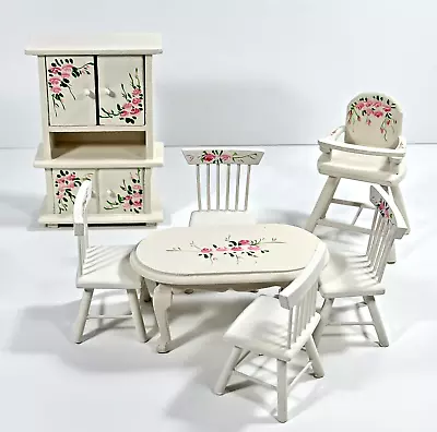 Dollhouse Furniture Lot Of 7 KITCHEN Wooden Painted Antique White W/ Pink Roses • $25