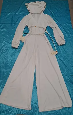 70s Vintage Disco White Wide Leg Jumpsuit Rhinestones Studded Hood Front Zip Med • $62.95