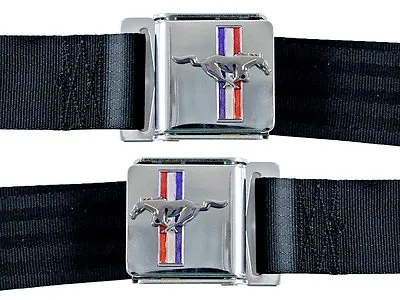 New! Black Seat Belt Deluxe Mustang W/ Running Horse Emblem Logo Pair W/ Bolts • $106.95