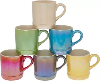 Stoneware Mugs Set Of 6 Handmade Metallic Coloured Coffee Mugs 300ml Shiny Mugs • £13.99