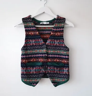 Zara Fair Isle Jacquard Wool Knit Waistcoat With Gem Buttons Size S Small 8 10  • £39.99