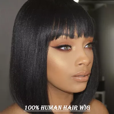 Glueless Short Wig 100% Virgin Human Hair Lace Front Wigs Women Bob Wig+Bangs • $55.11