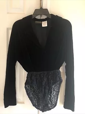VINTAGE DONNA KARAN BLACK VELVET V NECK BODYSUIT Hong Kong Silk Size 4 • $37.40