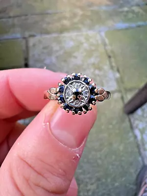 9ct Gold Sapphire Diamond Cluster Ring Size M   Hallmarked • £126.50