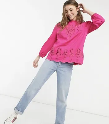 J Crew  Lace Embroidered Eyelet Blouse Sz Small Cotton Poplin Top NWT Hot Pink • $44.90