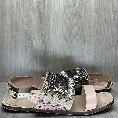 ZARA Basic Sandals Size 40 US 9.5 Boho Sequin Embellished Slingback Flats Pink • $15.99