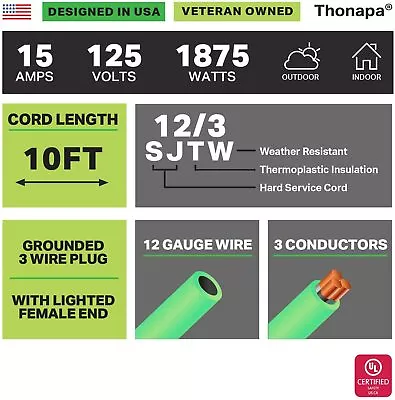 10 Ft Outdoor Extension Cord - 12/3 Heavy Duty Neon Green Cable - 3 Prong Plug • $19.99