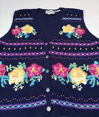 Jantzen Vintage Floral Sweater Vest Women Size Large Hand Embroidered  Button Up • $27