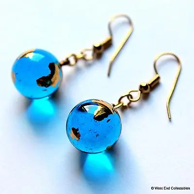 15mm 22ct Gold Planet Earth Glass Marble Earrings -  Astronomy Globe Jewellery • $27.37