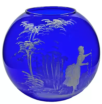 Antique 1920's Cobalt Blue MARY GREGORY Bowl Large Round Hand Painted Woman 7  • $64.95