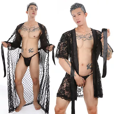 Men Lace Robe Gown Bathrobe Sissy Nightwear See Through Underwear Pajamas • $13.89