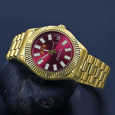 18K Mens Solid Steel Yellow Gold Tone Red Face Diamond Cut Roman Dial Watch 44mm • $129.99