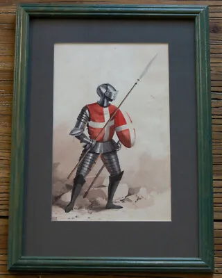 Knight With Shield And Spear – Original Victorian/Edwardian Watercolour • £29