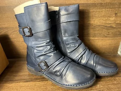 Miz Mooz Leather Buckled Mid Pasha Boots Denim 36W New • $79.90