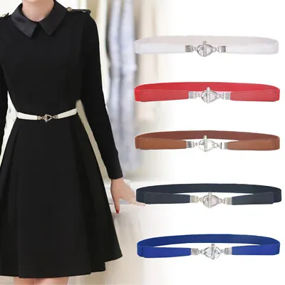 Womens Belt Stretch Elastic Skinny Waist Ladies Dress Waistband Metal Buckle UK • £4.99