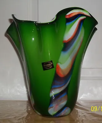 VTG Makora Krosno Polish Hand  Made Glass Vase:Green + Multi  11 1/2  • $40