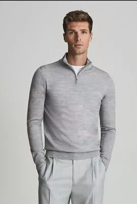 Reiss Blackhall Soft Grey Moulin Extra Fine Merino Wool Zip Neck Jumper Size M • £50