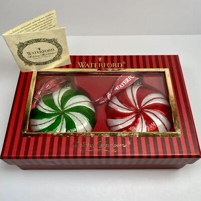 $59 • Buy Waterford Holiday Heirlooms Round Candy Red Green Peppermint Ornaments SET OF 2