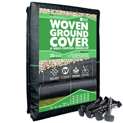 Woven Heavy Duty Ground Cover & Weed Membrane | 1m 2m 3m 4m 5m Widths + Pegs • £4.99