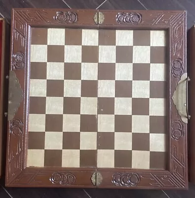 VTG Chess Board Hand Carved Folding Brass Handles Mahogany Brown 14.5” Sq X 4.5” • $40