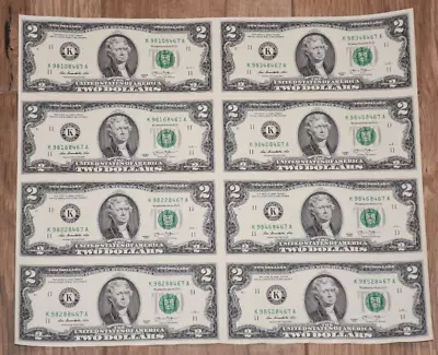 $2 UNCUT SHEET TWO DOLLAR BILLS $2x8 2013 UNITED STATES CURRENCY MONEY BEP NEW • $59.99