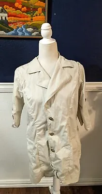 CAbi #777 Beige White Sandy Trench Coat Button 3/4 Sleeve Sz 6 Small S • $17.46