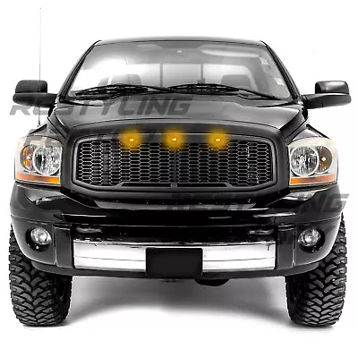 Raptor Matte Black Front Hood Mesh Grille+Shell+Amber LED For 06-09 Dodge RAM • $176.91