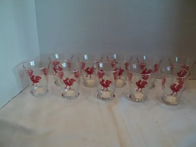 10 Vintage 1950's Libbey Red Rooster Juice Or Double Shot Glasses 4 Oz. • $10