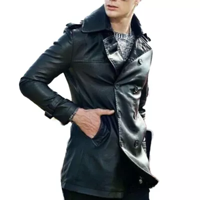 Men Genuine Lambskin Real Leather Long Trench Coat Button Black Classic Jacket • $170.99