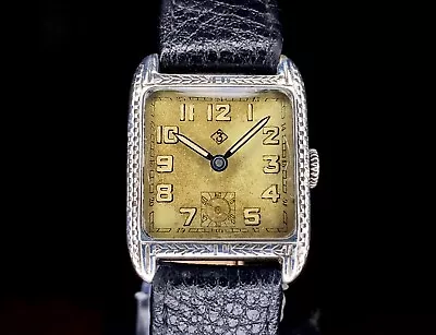 £275 • Buy 1920s Art Deco Zentra German Swiss Silver Square Tank Style Watch Engraved Bezel