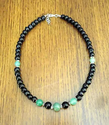 Men's Beaded Necklace Green Aventurine Black Onyx Wood 18  USA Seller • $8.49