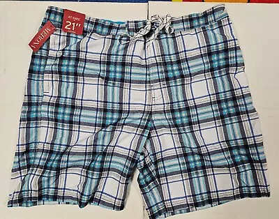 Merona Mens White Blue Plaid Swim Trunks Pockets Mesh Lined XL 21  Outseam  • $4.25