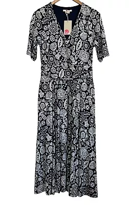 Boden Kassidy Jersey Midi Dress Ruched Waistband Navy Festival Paisley Size 8R • $68