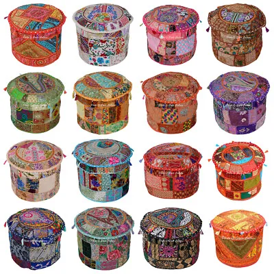 Ethnic Round Pouffe Ottoman Foot Stool Cover Cotton Boho Patchwork Embroidered • $31.06