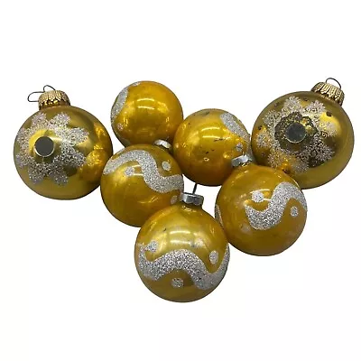 Vintage Set Of 7 Christmas Tree Ornament Embellished Yellow Sparkle 2  READ • $18