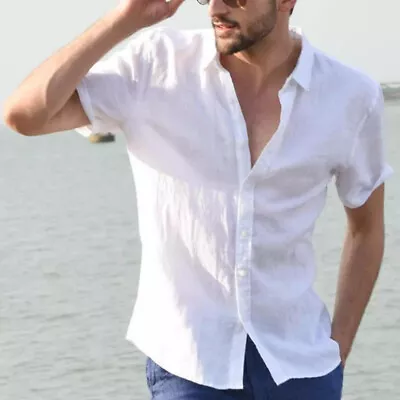 Mens Short Sleeve Linen Shirts Formal Casual Loose Solid Shirt Blouse Tops Beach • $8.92