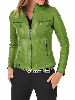 Women's Lime Green Leather Coat Jacket Pure Soft Sheepskin Stylish Coat Jacket • $256.95