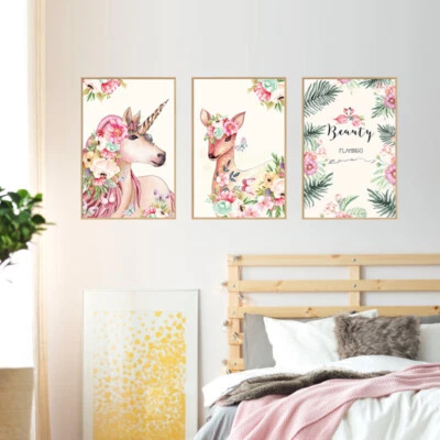 Removable Wall Stickers Girls Watercolour Unicorn Flamingo Deer Flowers DIY • $18.99