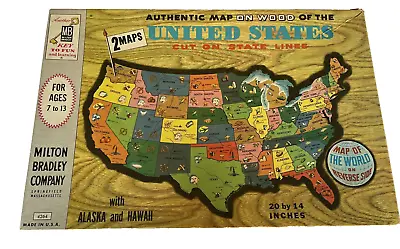 Puzzle Map Of United States World Milton Bradley Real Wood Home School 1961 • $19.01