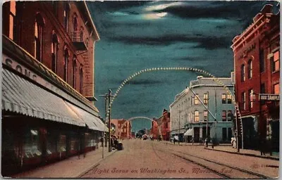 MARION Indiana Postcard  Night Scene On Washington Street  Downtown 1909 Cancel • $5.60