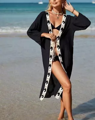 BEACH COVER Up BN Bohemian Black/White Crochet Front Tie Midi Kimono L • $39