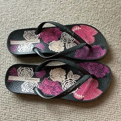 Ipanema Flip Flops Black And Pink Flower Design Size EUR 35/36 • £6