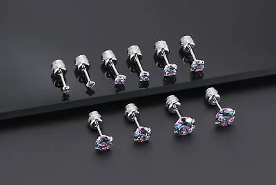 2Pair Silver Stainless Steel Round CZ Earrings Screw Back Ear Stud For Men Women • $7.89